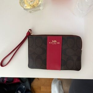 Coach Brown and Red Wristlet canvas with gold hardware